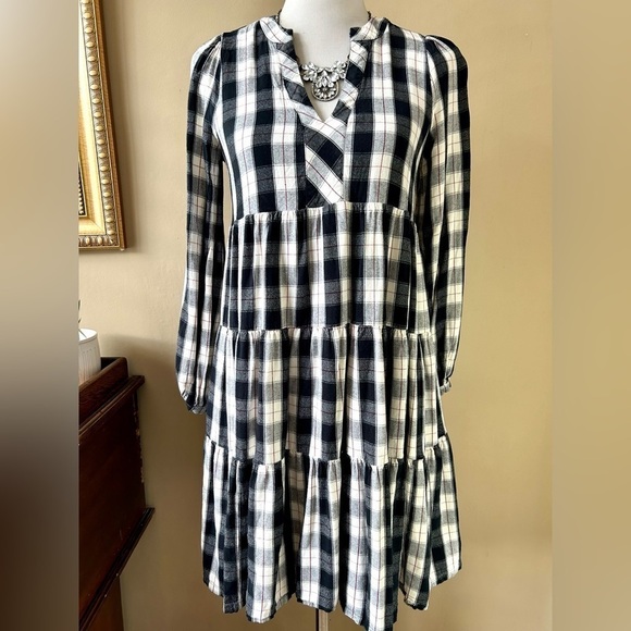 Anthropologie Maeve Amber Tiered Tunic Babydoll Dress Long Sleeve Plaid Size S - Picture 3 of 11